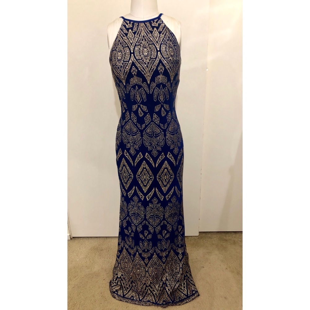 Long navy blue and gold detailed dress